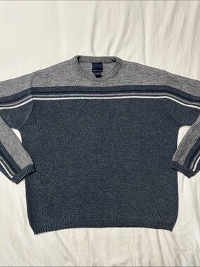 Vintage Y2K Xtreme Gear Striped Knit Sweater Men's Large Gray Blue Crewneck Cozy